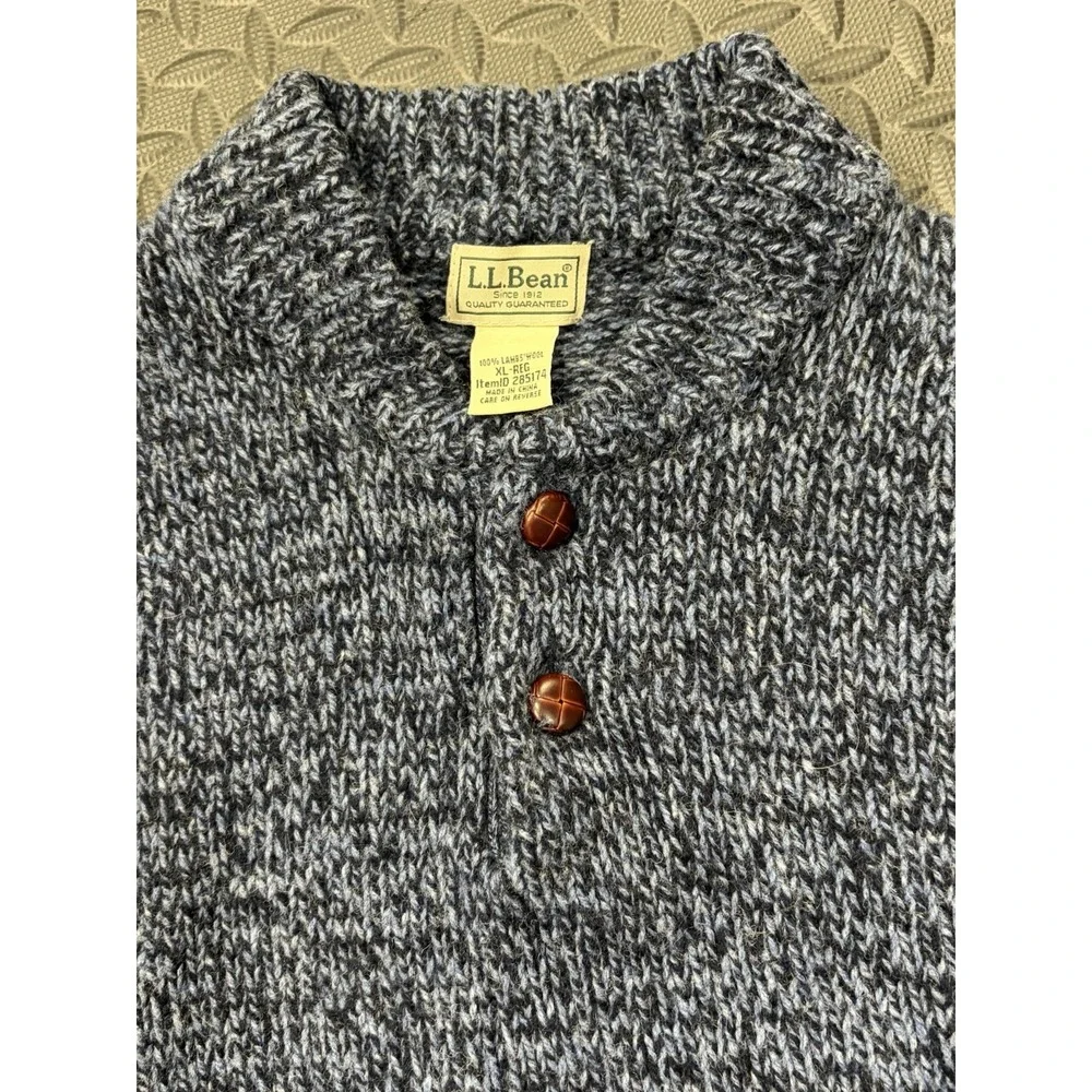 LL Bean Mens XL Henley Sweater Blue Knit 100% Lambswool Fisherman Chunky Buttons